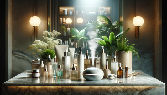 Skincare essentials on marble counter, showcasing cleansers, toners, moisturizers, boosters and facial oils amid soft lighting and greenery, with a steam diffuser emitting a soothing mist, embodying luxury and tranquility in skincare.
